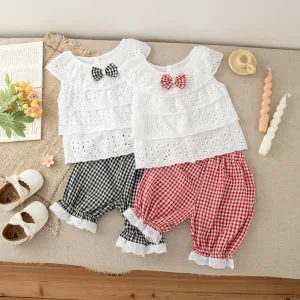 Girls’ Summer Bow Plaid Outfit Set
